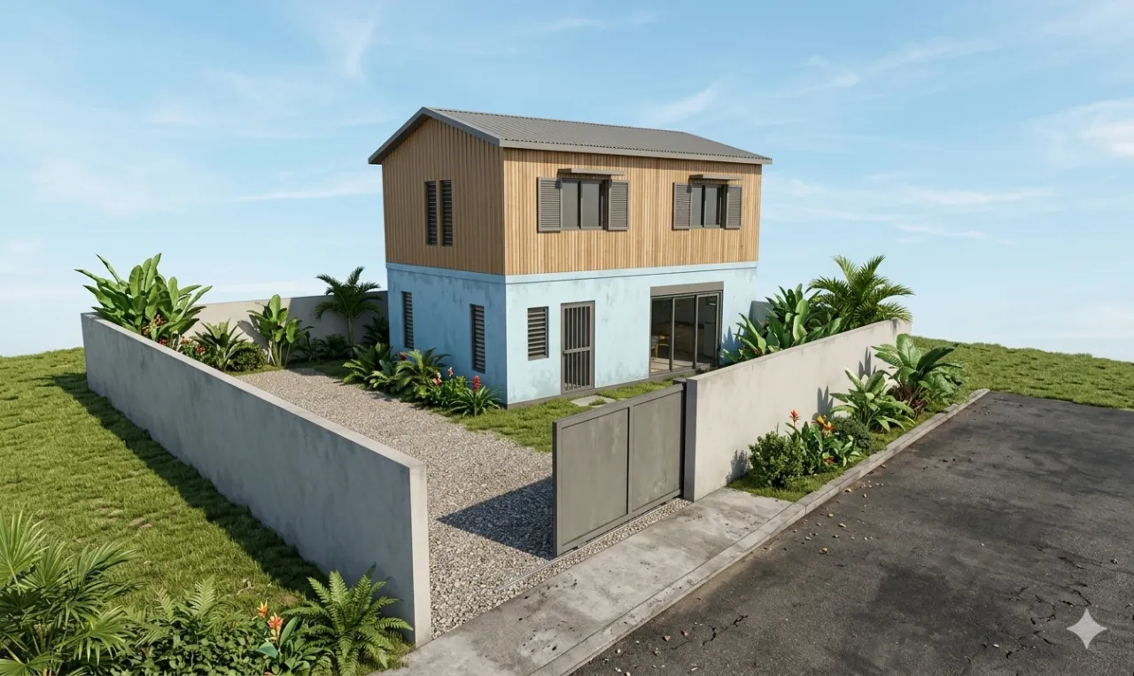 Maison individuelle R+1 contemporaine, ossature et bardage bois — conception Perspective B.E.C, La Réunion
