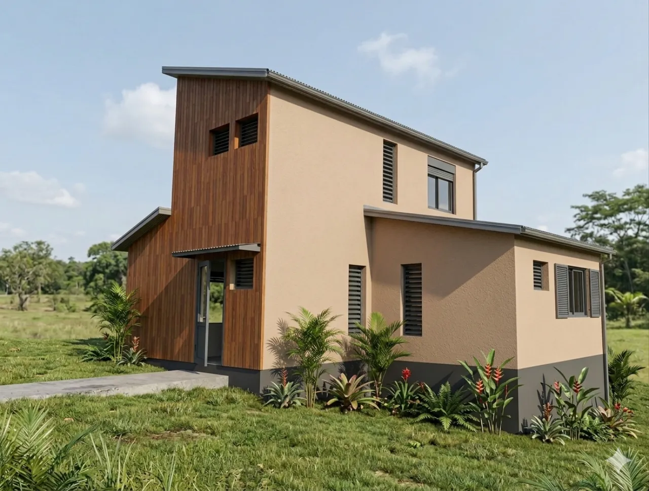 Plan de maison contemporaine à étage, bardage bois — étude de permis de construire, La Réunion