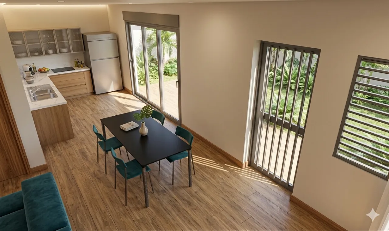 Séjour-cuisine ouvert, ventilation naturelle traversante et persiennes — perspective 3D